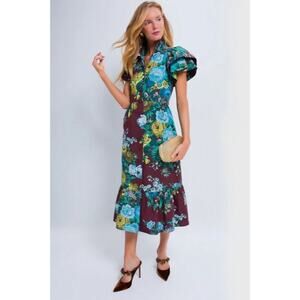 Tuckernuck Oxblood Verdant Floral Alice Ruffle Midi Dress Size Small NWT Preppy